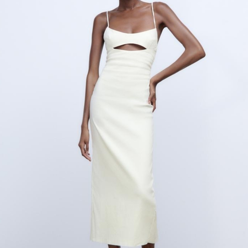 Zara XL  ecru cutout linen blend dress nwot white ivory cream